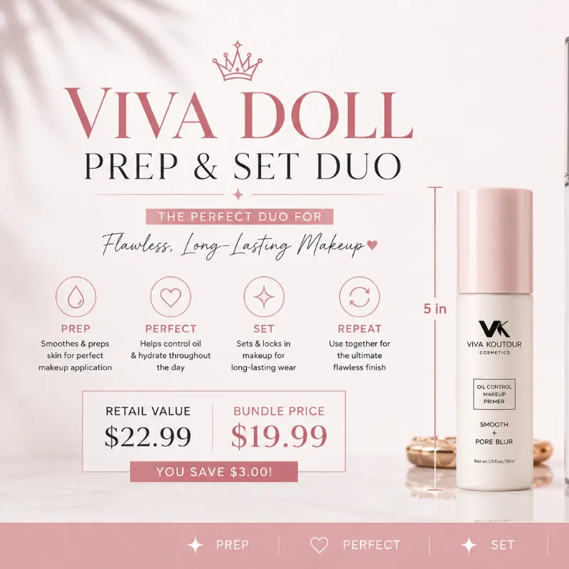 Viva Koutour Cosmetics The Viva Doll Prep & Set Duo with Hydrating Face Primer and Mattifying Setting Spray bottles
