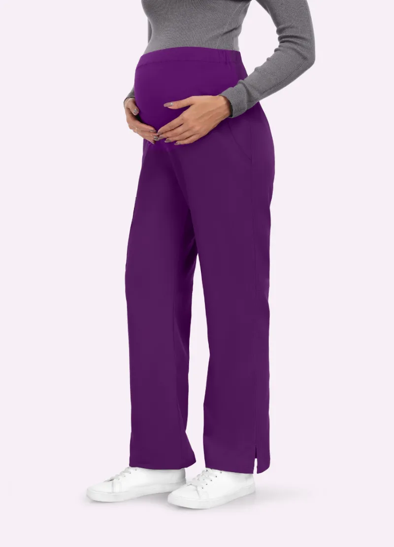COMENII SoftTouch Maternity Scrub Pants in Purple, showing adjustable waistband and straight leg fit