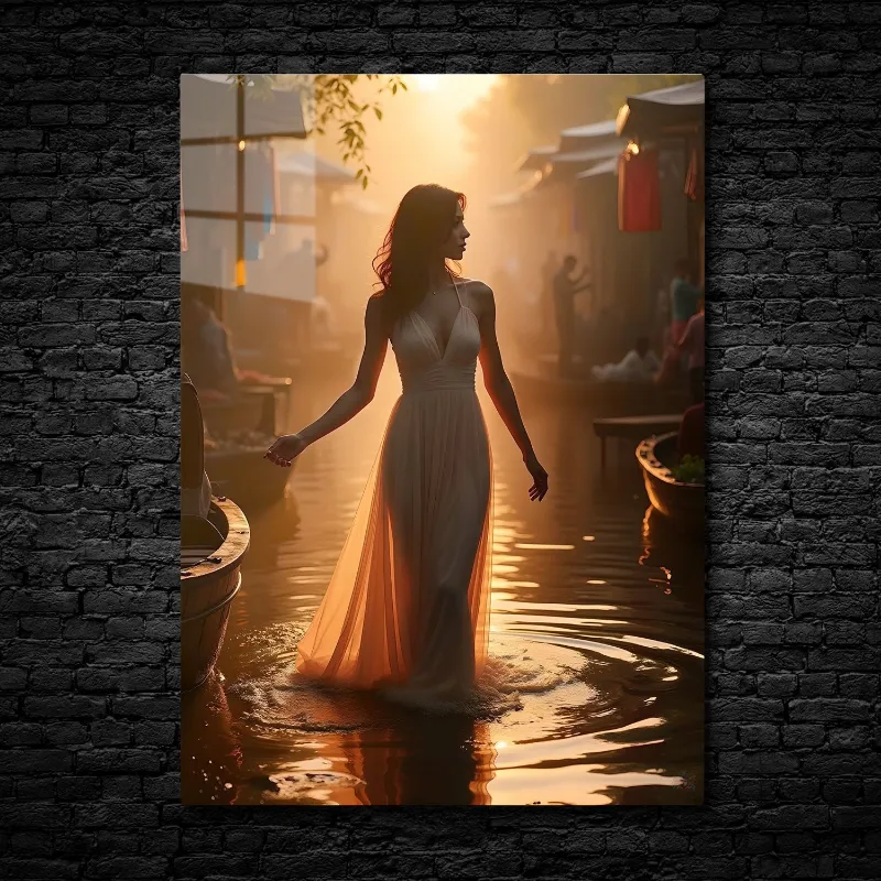 CruArt Sunset Serenade metal print showing woman in flowing gown silhouetted against golden sunset