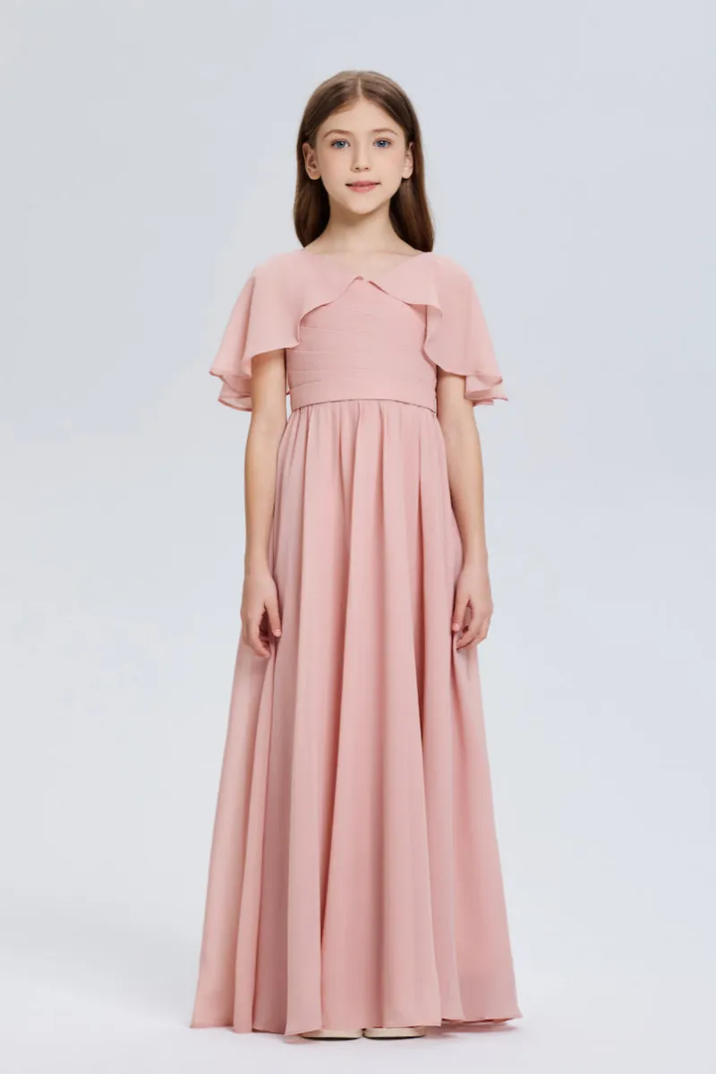 Wehilion Elegant A-Line Ruched V-Neck Chiffon Dress photographed as a gown