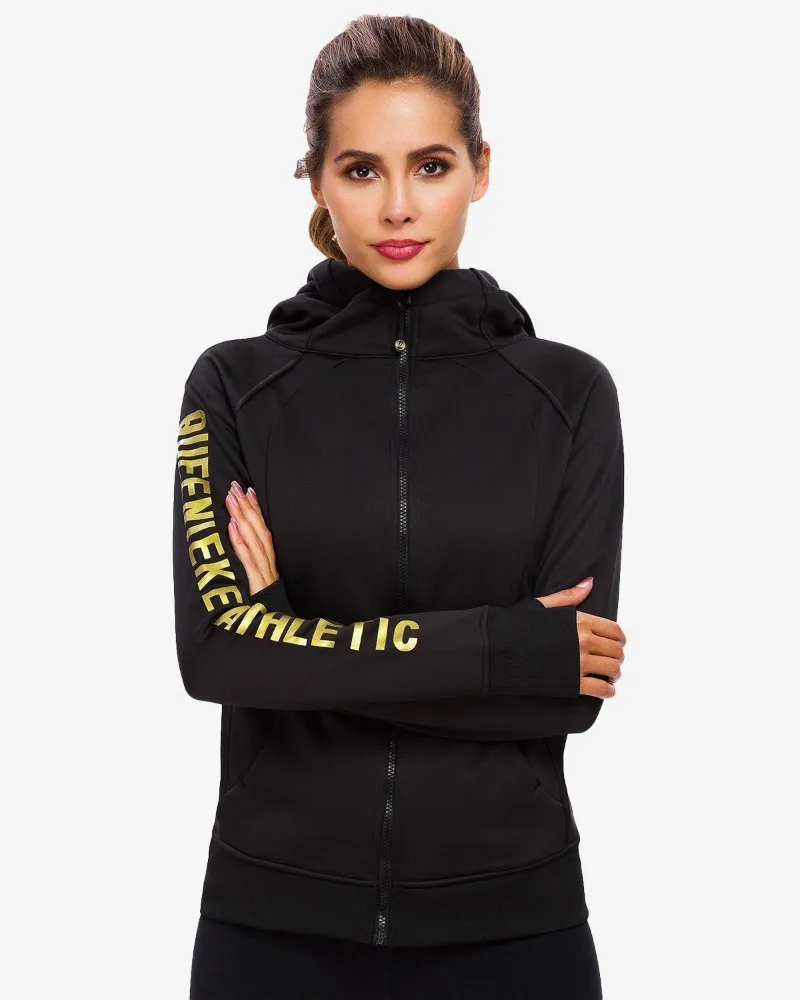 QUEENIEKE hoodie fleece lined jacket in black, front view showing zipper and thumbholes