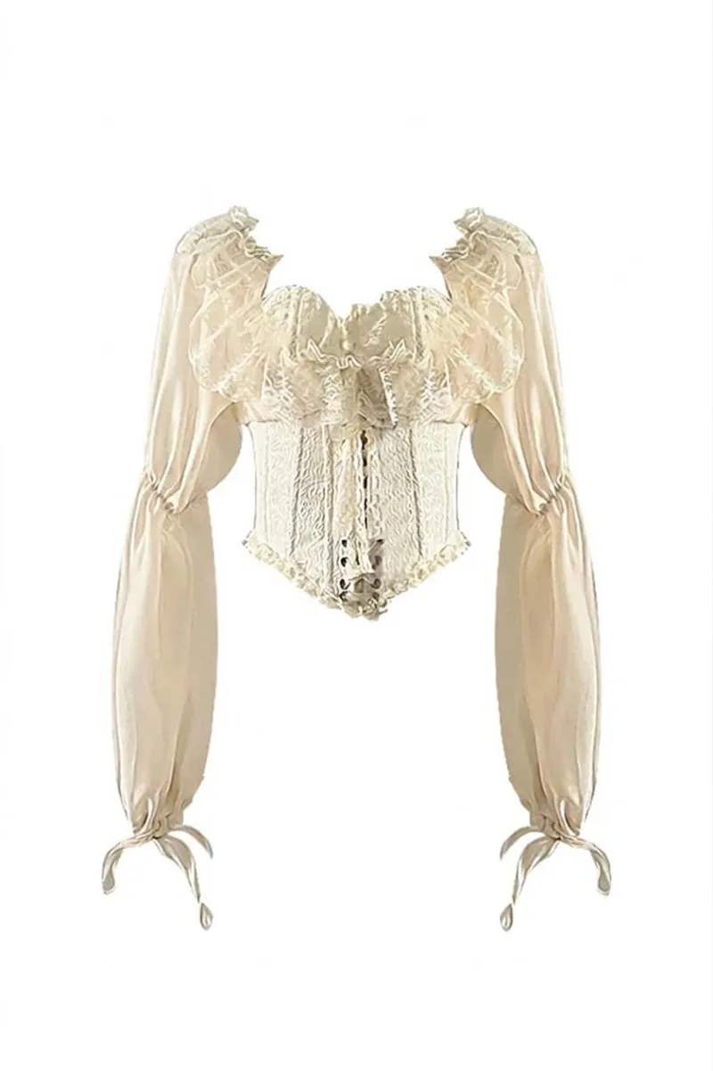Cottagecore Clothes Ethereal Blouse with boned lace corset bodice and billowing poet sleeves