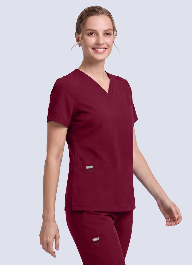 COMENII SoftTouch 3 Pockets Scrub Top in burgundy with v-neck and pocket details