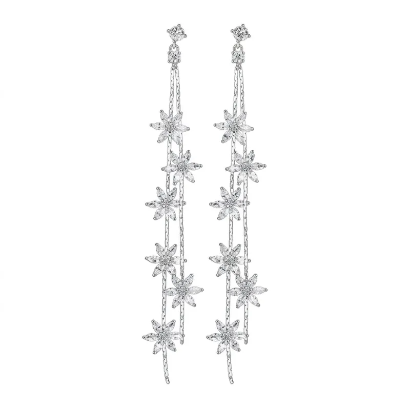 Cottagecore Clothes Ethereal Floral Drop Earring with five cascading crystal snowflake blooms on silver chains