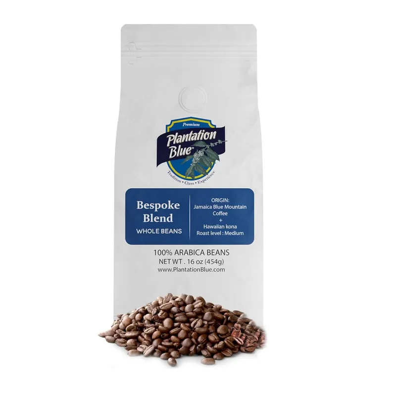 Plantation Blue Coffee BESPOKE BLEND 16oz Whole Beans bag featuring Jamaica Blue Mountain and Hawaiian Kona coffee blend