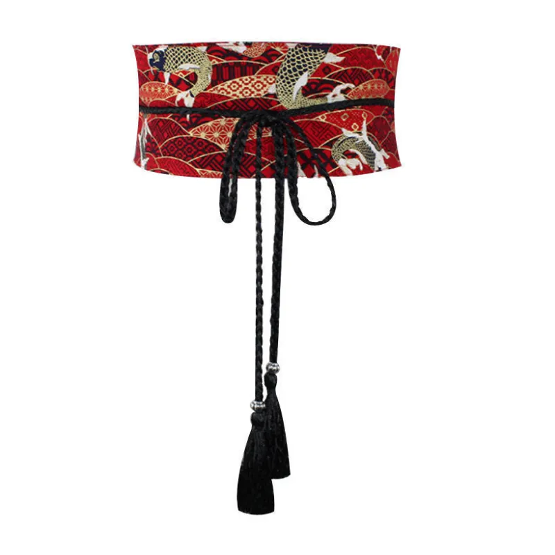 Foxtume Red Koi Obi Sash in black satin with koi fish motif and adjustable strap.