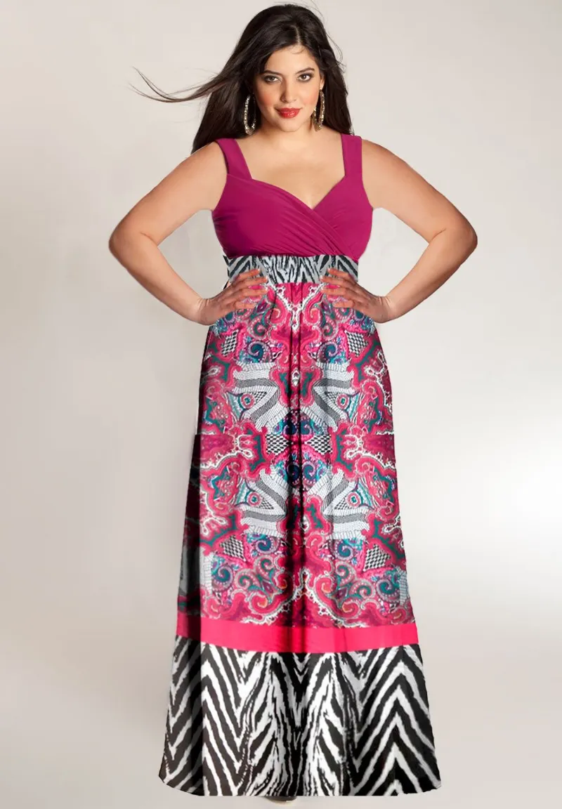 IGIGI Adelle Plus Size Gown in Raspberry showing a printed chiffon gown with stretch bodice