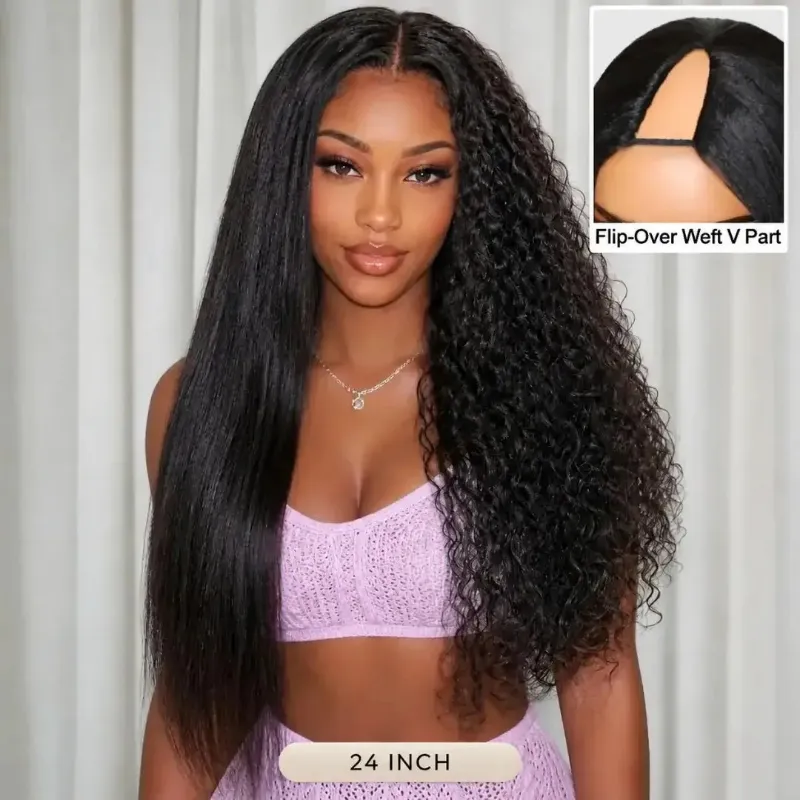 Hairsofly Shop (Gaia) Wet & Wavy V-Part Remy Human Hair Wig, black hair styled straight on V-part lace-free cap