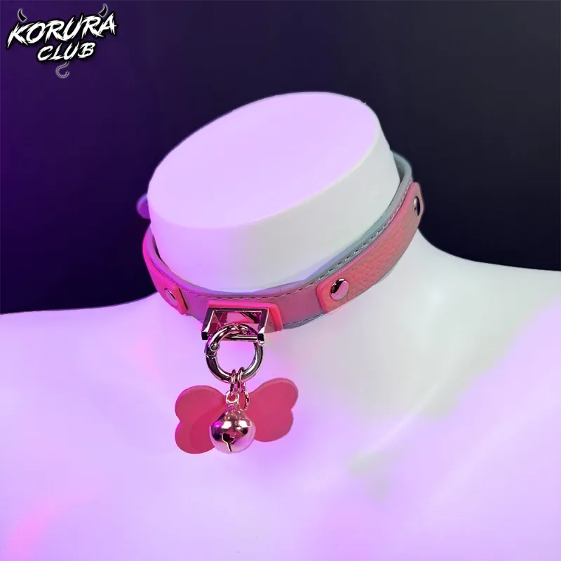 Koruraclub Bell Pendant Collar KA07 pink cowhide collar with bell and leash