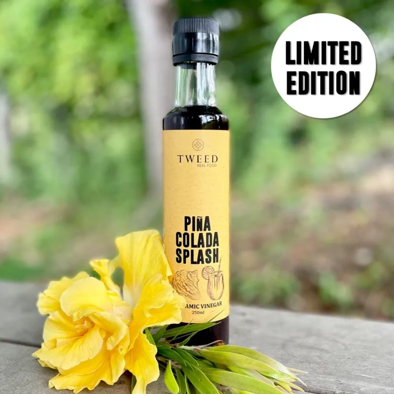 Tweed Real Food Pina Colada Splash Balsamic Vinegar wholesale bottle with tropical coconut and pineapple flavour