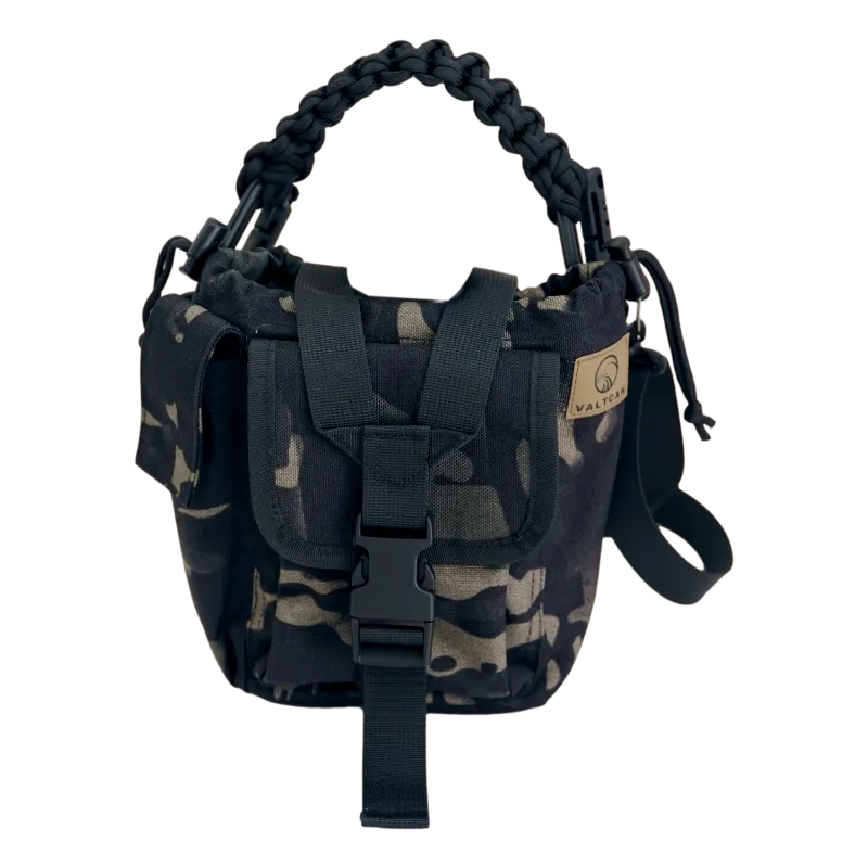 Valtcan Canteen Case Carrier Pouch in multicam with paracord handle and shoulder strap on white background