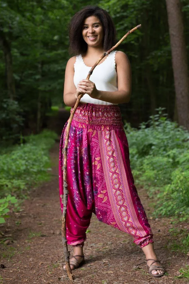 Hippie Pants Red Peacock Pants bright harem style with peacock design