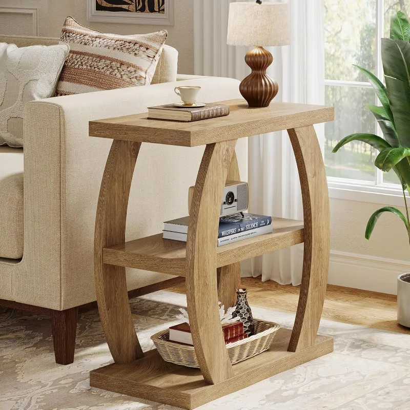 Tribesigns 23.6 inch farmhouse end table with three rustic brown shelves and geometric metal frame