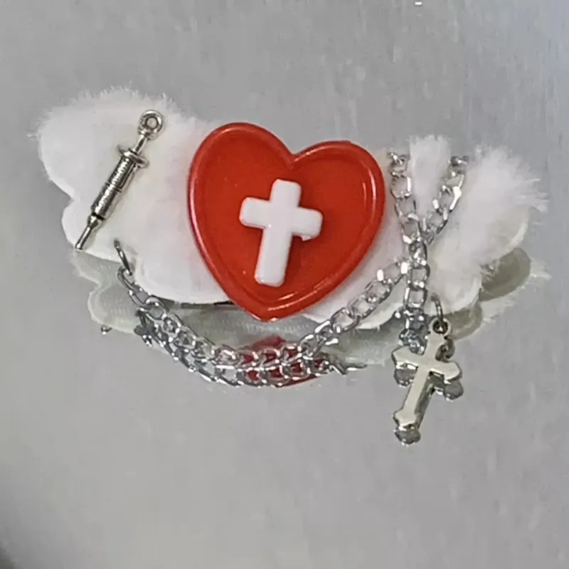 Shoptery Menhera Cross Heart Wing Hair Clips with Syringe & Pill Charms in glossy acrylic finish