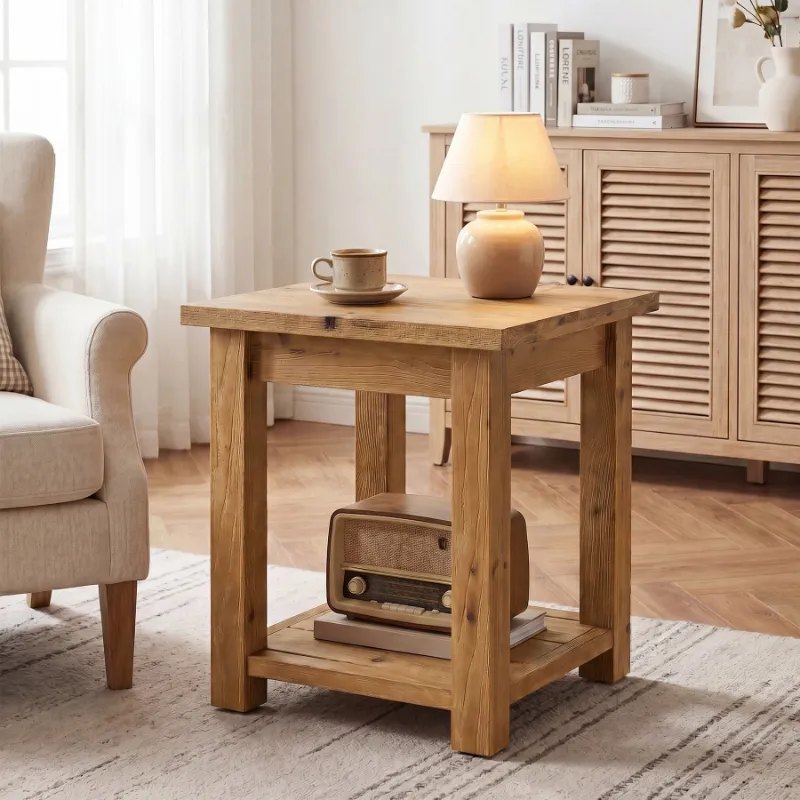 Tribesigns 19.7-inch solid wood end table with natural grain and trapezoidal frame base