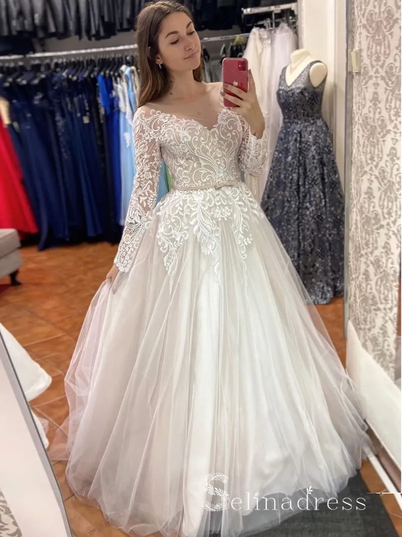 Selinadress A Line Bateau Long Sleeve Embroidery Applique Vintage Wedding Dresses MLK05163 showing long sleeve lace wedding gown