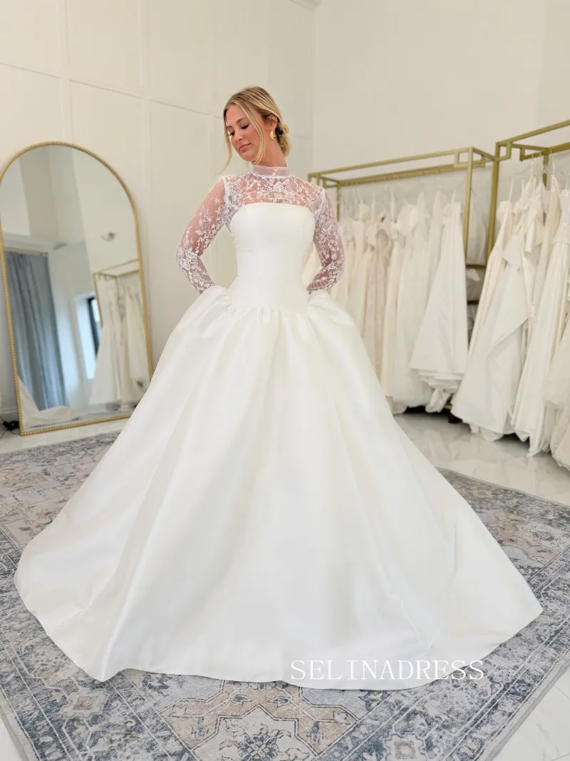 Selinadress A-line High Neck Lace Wedding Dresses With Long Sleeve Bridal Gowns, lace wedding gown with long sleeves