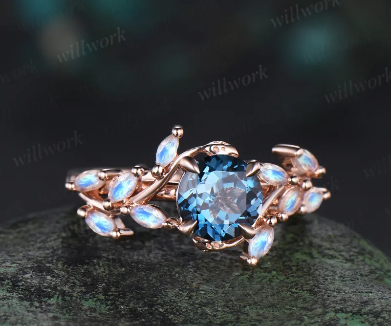 WillWork Jewelry 1ct round London Blue Topaz Moonstone Ring Vintage rose gold Leaf Cluster Engagement Ring