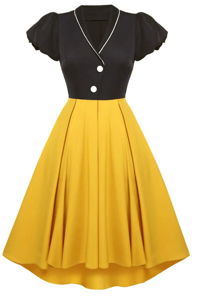 Mislish Black And Yellow Short Sleeve A-Line Homecoming Party Dress