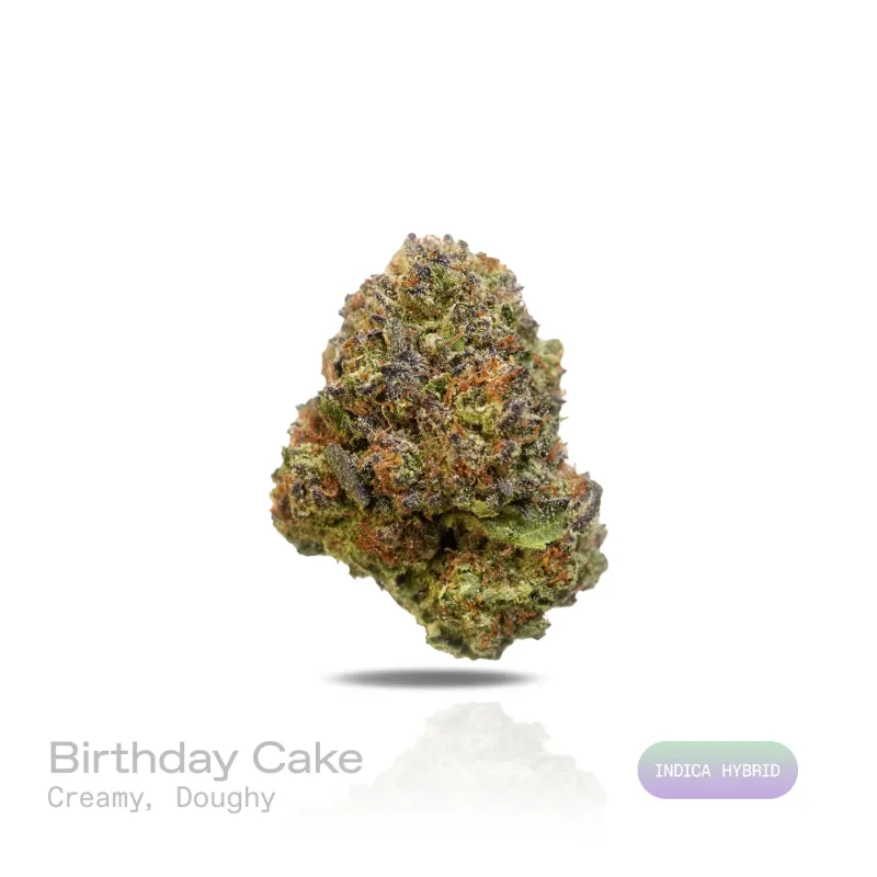 Hipuffy Birthday Cake THCa Flower Indoor Indica Hybrid dense green buds with purple hues and orange pistils
