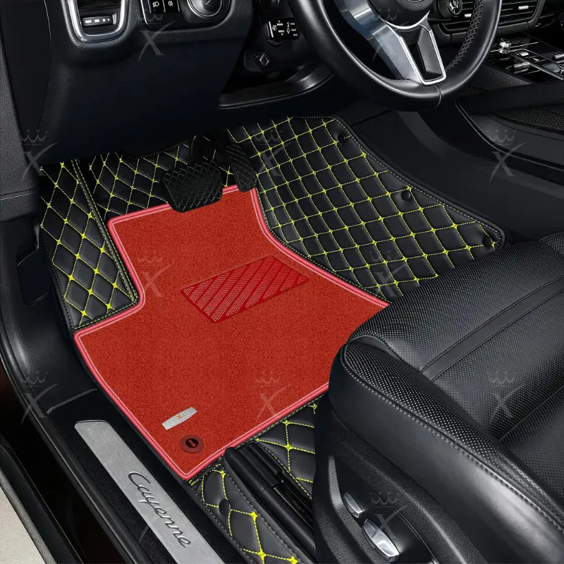 Luxus Car Mats Diamond Double Layer floor mats in black with yellow stitching and red top carpet