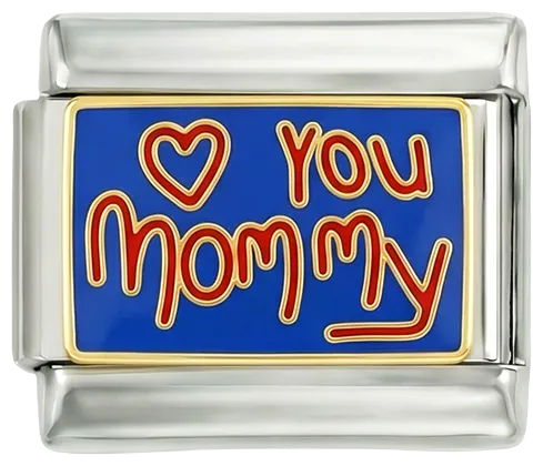 Charms Official Blue Plate, I Love You Mommy on Silver charm with engraved text