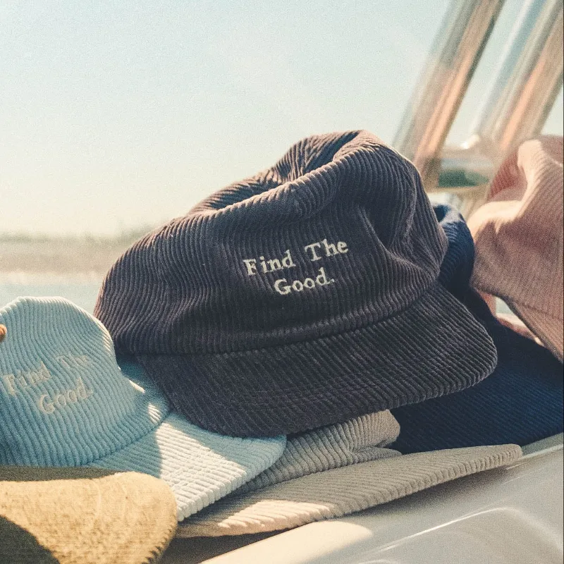 Find The Good Brand The Good Cord Gray corduroy five panel hat with embroidered text on front