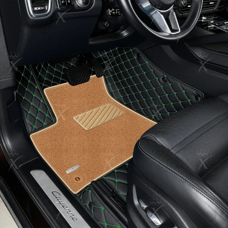 Luxus Car Mats Diamond Double Layer floor mats, beige top carpet with green stitching accents