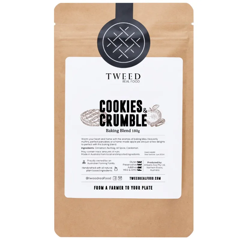 Tweed Real Food Cookies and Crumble Baking Blend bulk satchel next to fresh muffins
