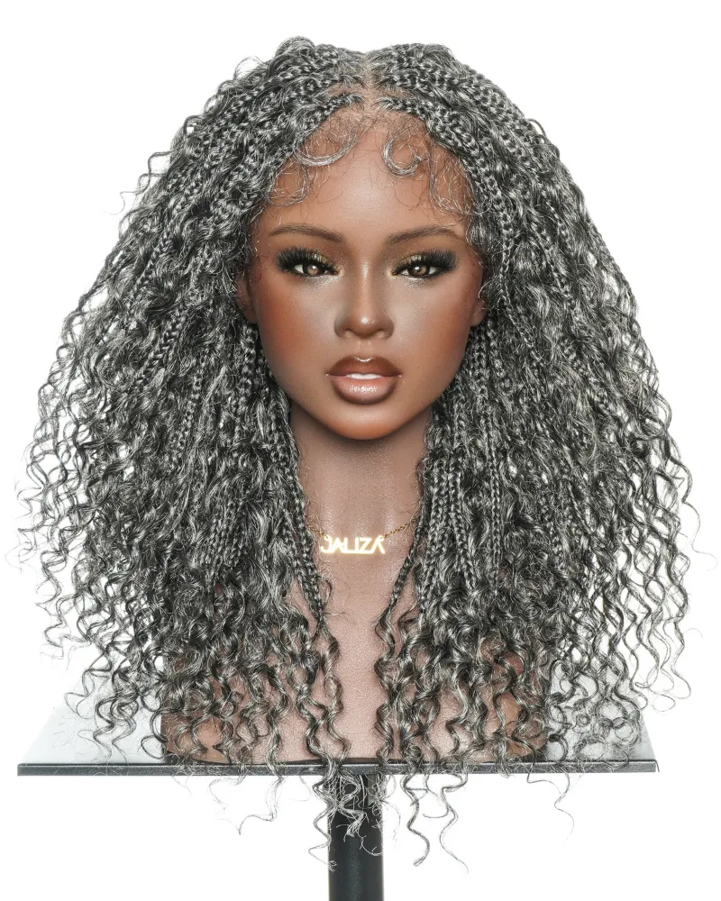 Jaliza 18 inch Water Wave Salt and Pepper Glueless Swiss HD Full Lace Braided Wig showing gray and dark blend