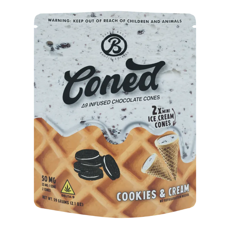 Baked Bags CONED Cookies & Cream 2-Pack, two mini chocolate waffle cones
