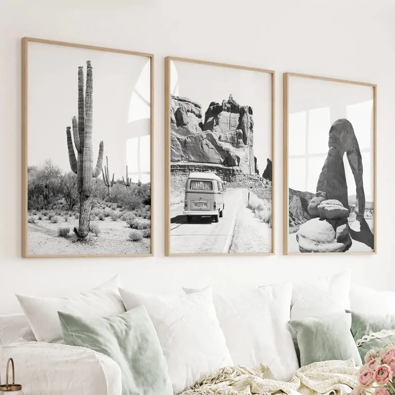 Wall Art Set 3 Piece Desert Black White Travel Photo. Cactus, Arches, Bus - black and white desert travel photos