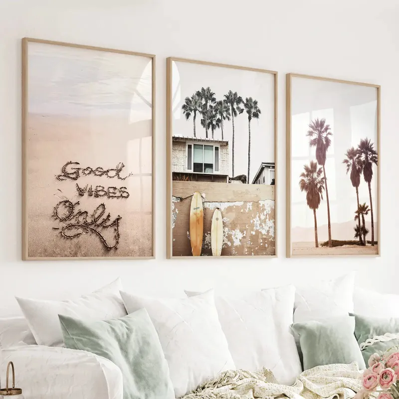 Wall Art Set Boho Style Coastal Wall Decor with good vibes, palm trees, and surf designs
