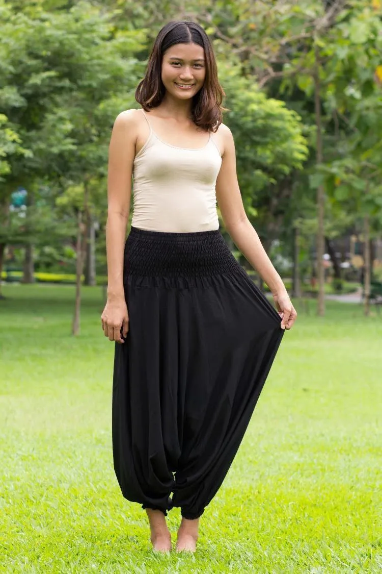 Hippie Pants Black Classic Pants, black bamboo rayon harem pants with smocked waist