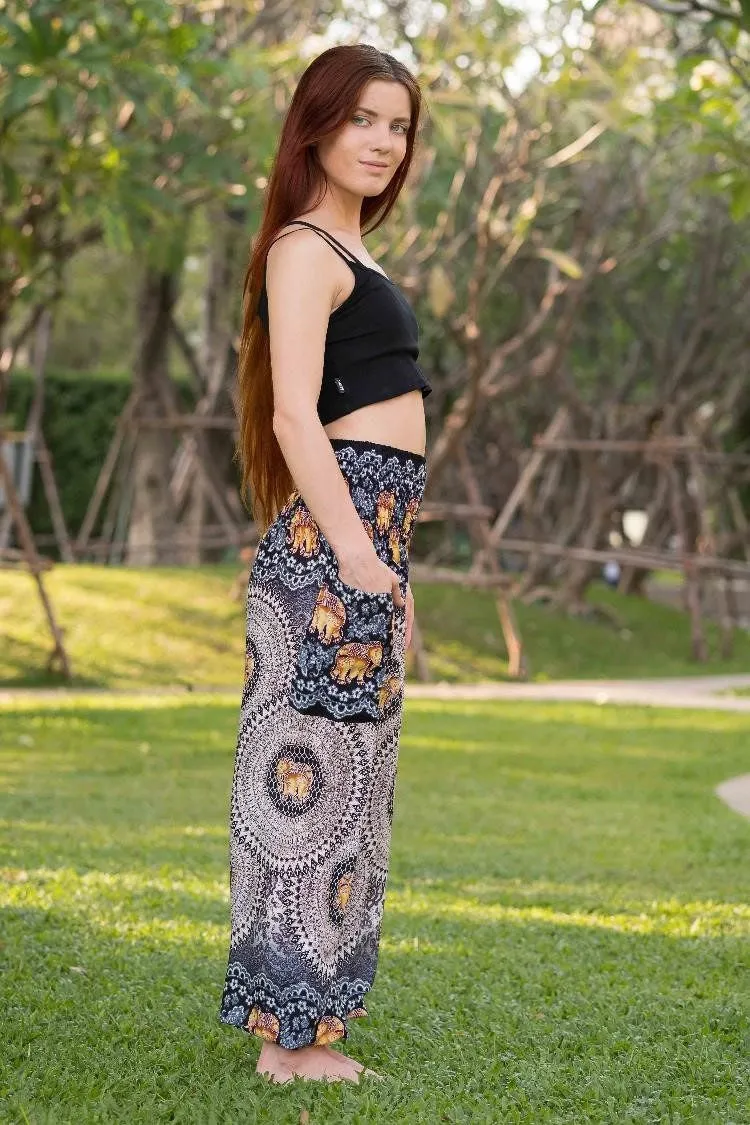 Hippie Pants Gray Chang Pants with yellow elephant print and geometric shapes