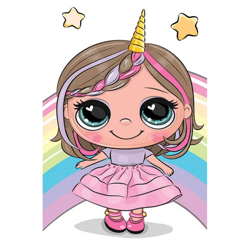 Varvikas 5D Diamond Painting Unicorn Girl LC041e, unicorn girl with golden horn, rainbow wings, and golden stars
