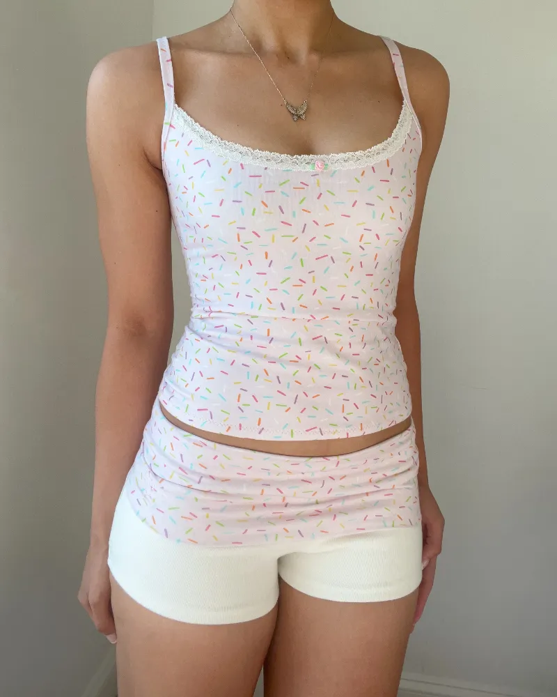 Bit By Angie Birthday girl lace cami set in Baby pink showing cami and shorts