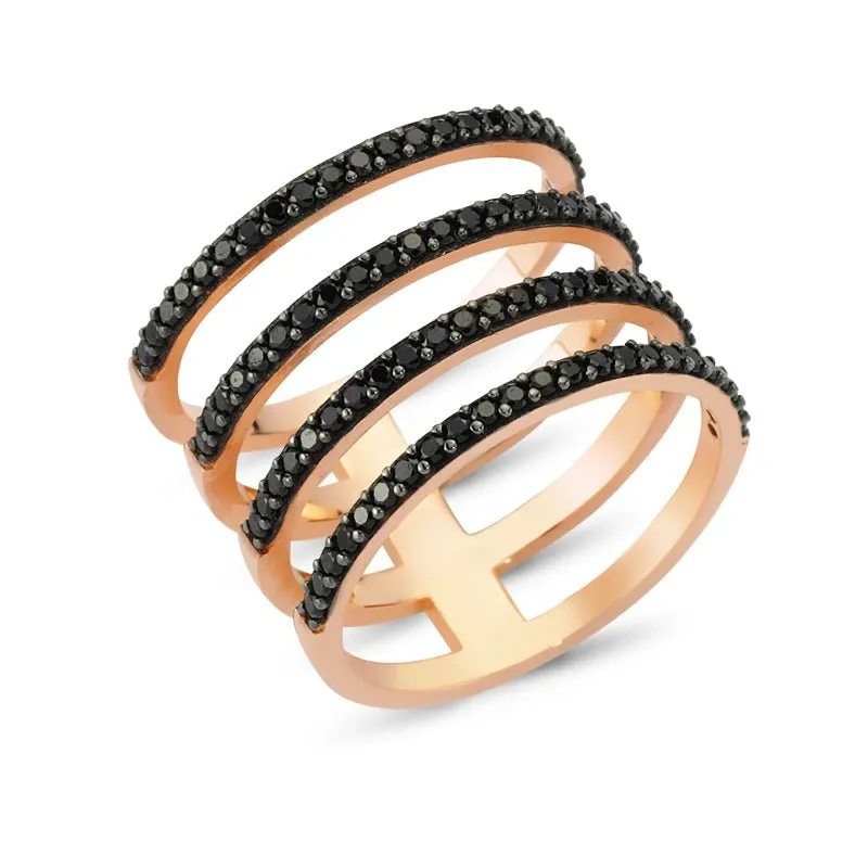 Amorium Jewelry Black Dainty Four Multi Band Silver Stacked Ring, four linked silver bands with black crystal detail