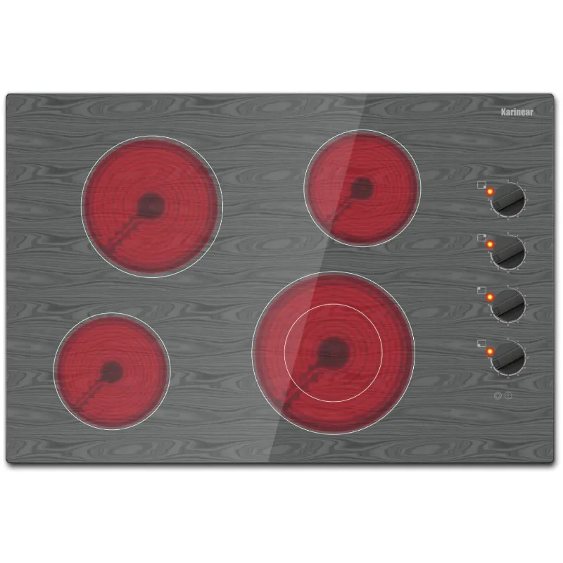Karinear Appliances 30 Inch 4 Burner Electric Cooktop With Beautiful Wooden Pattern, wooden-grain glass surface, knob controls, four burner