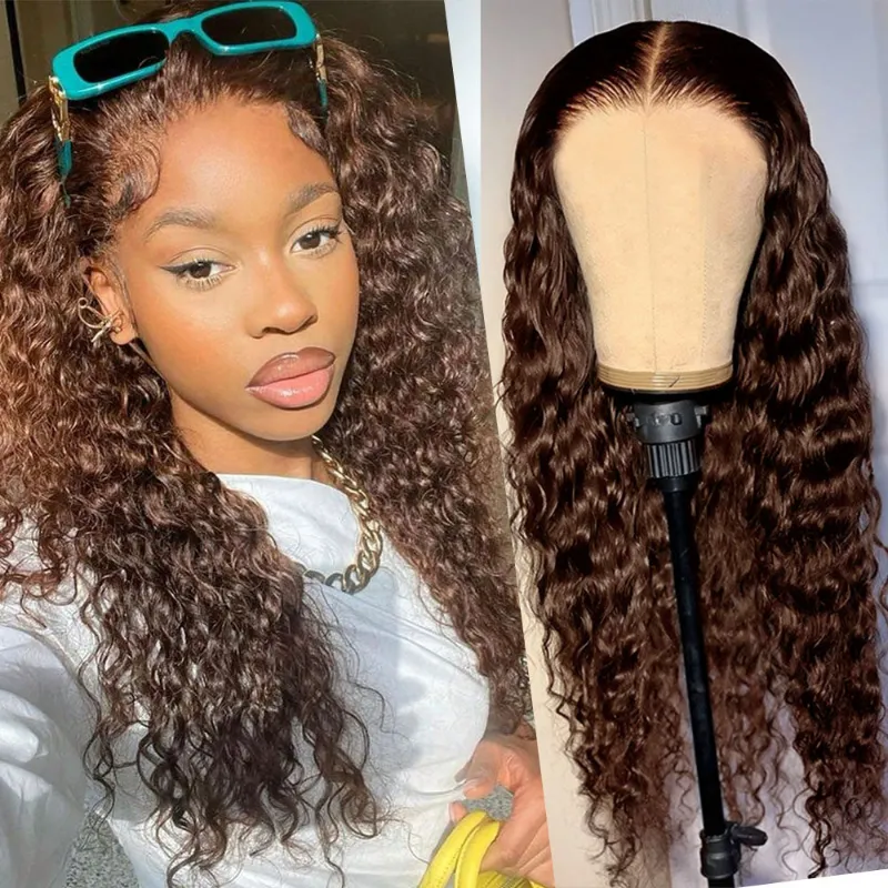 Megalook Chocolate Brown Deep Wave Lace Closure Wig with pre-plucked hairline