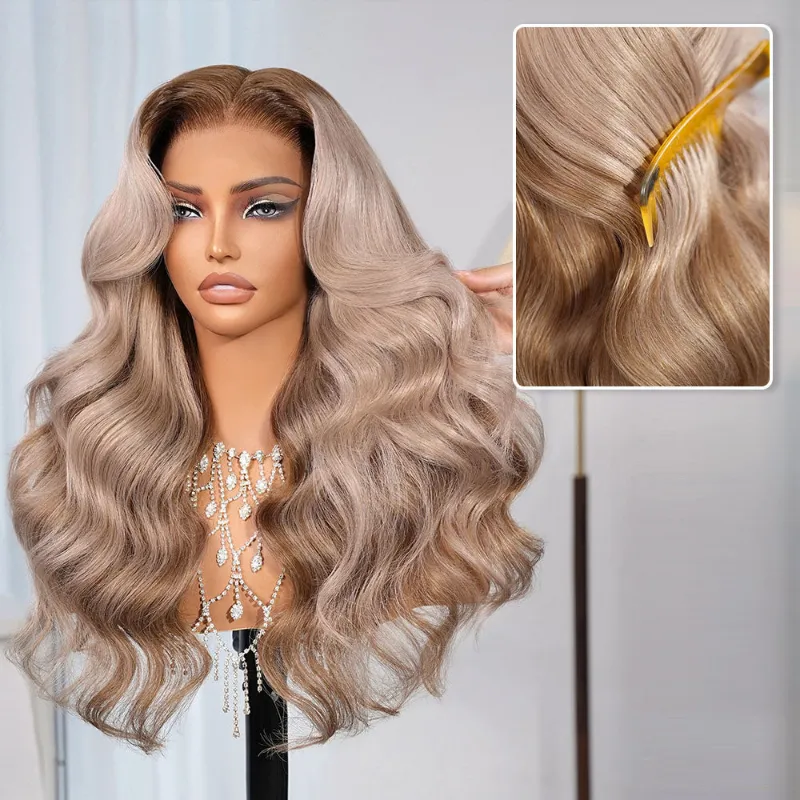 Megalook 13x6 Three-Go ash blonde highlights on brown body wave glueless wig with drawstring