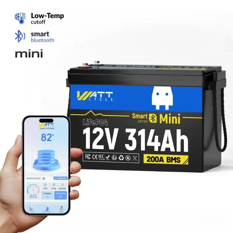 WattCycle 12V 314Ah Mini Bluetooth LiFePO4 Battery with heavy-gauge internal cabling and 200A BMS