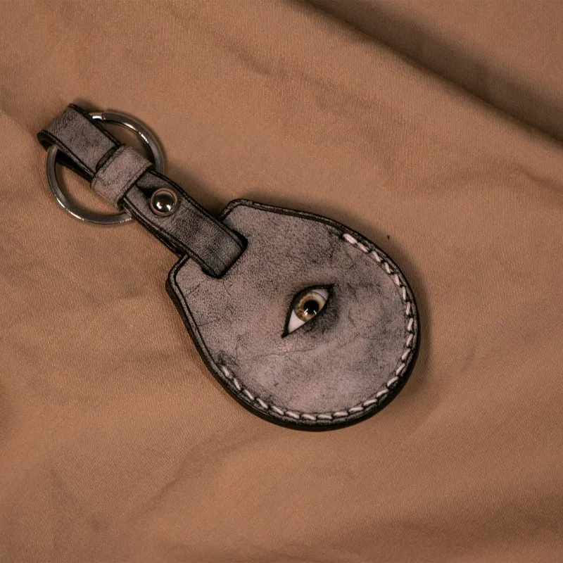 Techypop 100% Handmade Genuine Leather One Eye Designer Luxury AirTag Case with metal key ring and leather strap