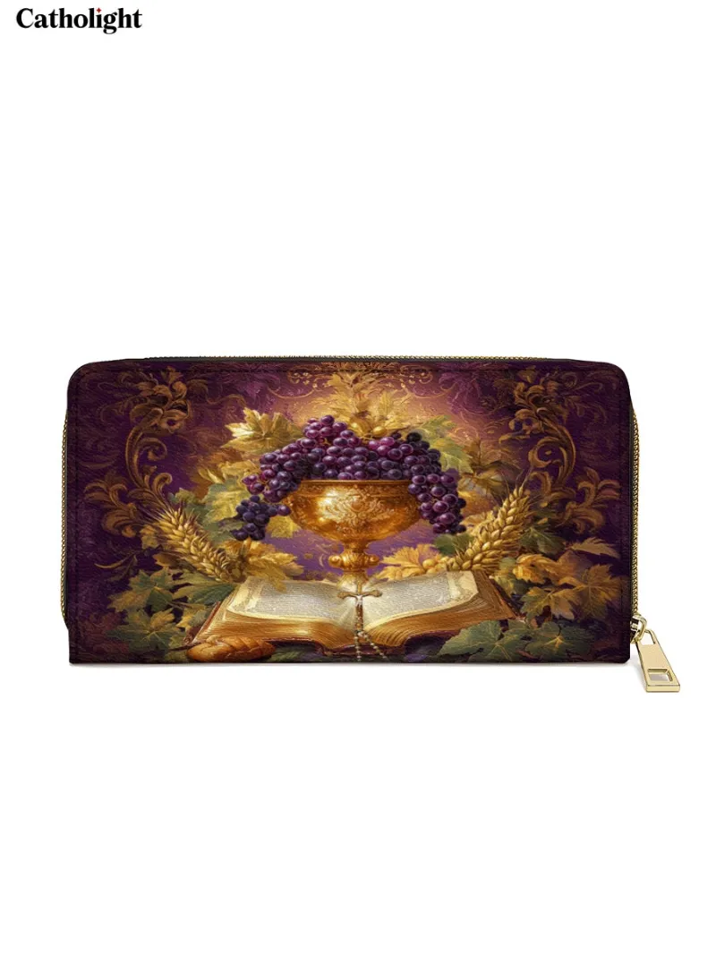 Catholight The Chalice of Abundance Leather Wallet Purse with golden chalice and grapes