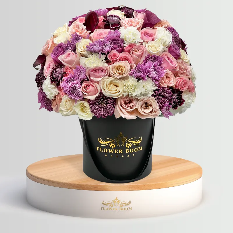 Flower Boom Dallas Purple Hearts all-purple floral arrangement with roses and tulips in a gift box