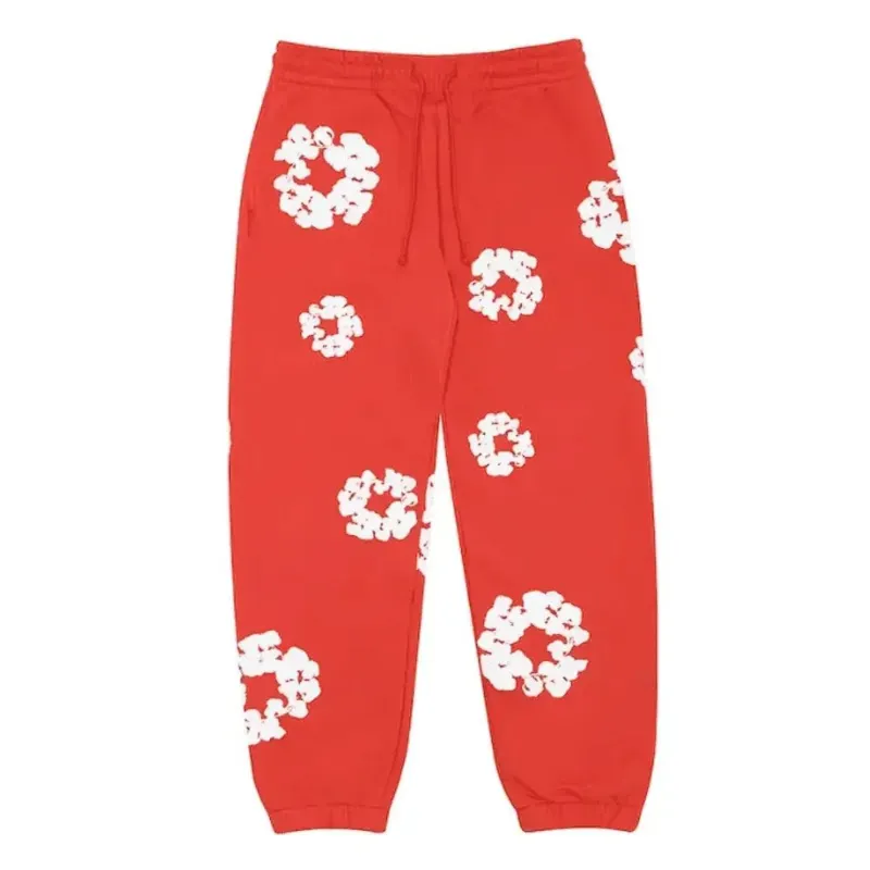 AfewVibe Denim Tears The Cotton Wreath Sweatpant Red, red cotton sweatpant with puff-printed panels flat lay