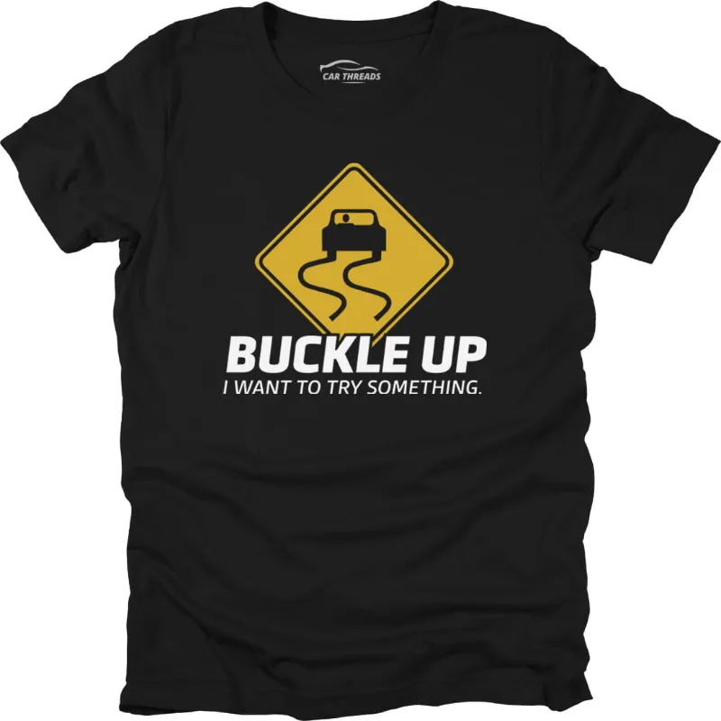 Car Threads Buckle Up T-Shirt with seatbelt slogan graphic laid flat