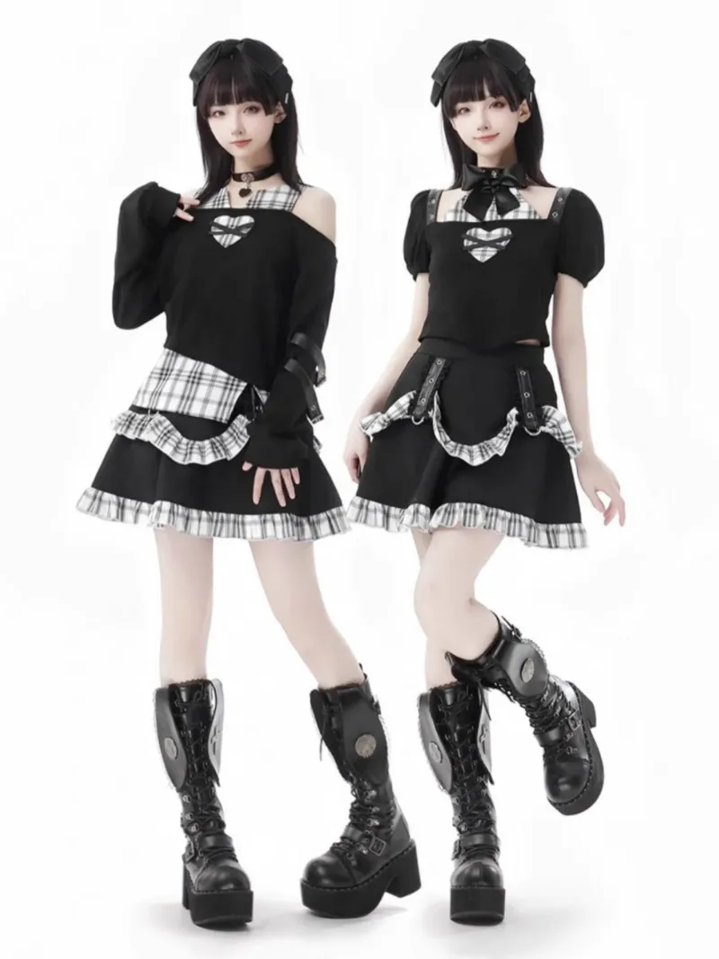 Juwas Black and White Checkered Patchwork Summer Autumn Heart Cut Out Top and Skirt ensemble shot.