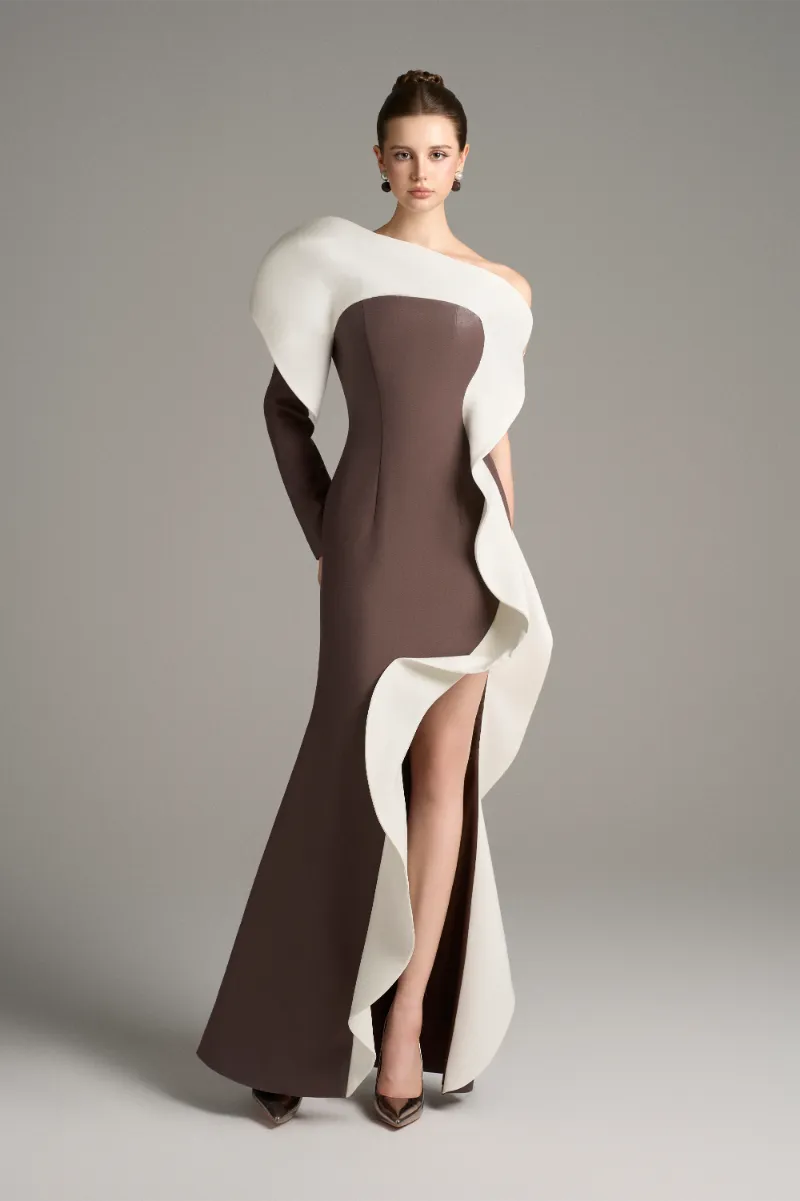 Kalisa Athena One Long Sleeve Maxi Dress With High Split, black maxi with one sleeve and leg slit