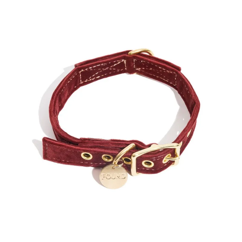 Found My Animal Burgundy Washable Velvet Cat & Dog Collar showing soft velvet texture and gold stitching detail